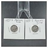 Two 1937-s Mercury Silver Dimes
