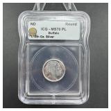 ICG graded MS-70 Proof-Like 1/10 oz silver round.