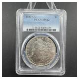 1883-CC Morgan silver dollar, graded MS-62.