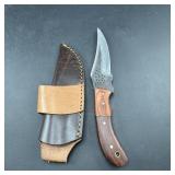 8-inch Damascus Hunting Knife With Leather Sheath.