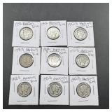 Nine 1942-d Mercury Silver Dimes