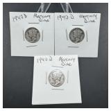 Three 1940 Mercury Silver Dimes