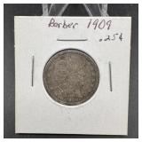 1909 Barber Silver Quarter
