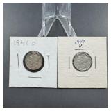 Two Mixed-Date Mercury Silver Dimes