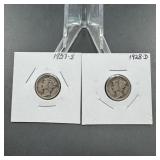 Two Mixed-Date Mercury Silver Dimes