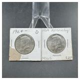Two 1964 Silver Kennedy Half Dollars
