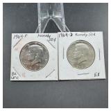 Two 1964 Silver Kennedy Half Dollars
