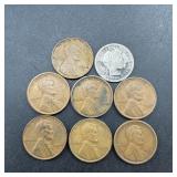 7 Older Wheat Cents and Barber Dime