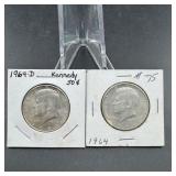 Two 1964 Silver Kennedy Half Dollars