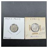 Two 1945 Micro S Mercury Silver Dimes
