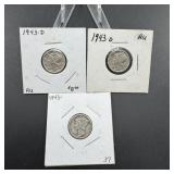 Three Mercury Silver Dimes