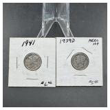 Two Mercury Silver Dimes