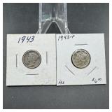 Two Uncirculated 1943 Mercury Silver Dimes