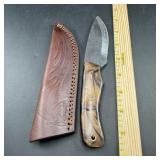 8-Inch Damascus Hunting Knife with Leather Sheath