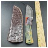 8-Inch Damascus Hunting Knife with Leather Sheath