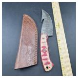 8-Inch Damascus Hunting Knife with Leather Sheath