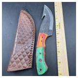 8-Inch Damascus Hunting Knife with Leather Sheath