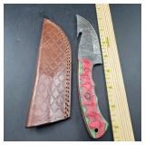 8-Inch Damascus Hunting Knife with Leather Sheath
