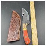 8-Inch Damascus Hunting Knife with Leather Sheath