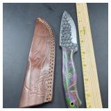 8-Inch Damascus Hunting Knife with Leather Sheath