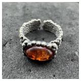 Sterling Silver Amber Ring  Adjustable Size 7 1/2
