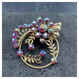 Iridescent Rhinestone Peacock Brooch