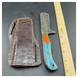 8 in. Damascus Hunting Knife with Leather Sheath