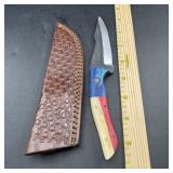 8 in. Damascus Hunting Knife with Leather Sheath