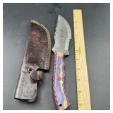 8 in. Damascus Hunting Knife with Leather Sheath