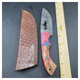 8 in. Damascus Hunting Knife with Leather Sheath