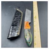 8 in. Damascus Hunting Knife with Leather Sheath