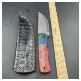 8 in. Damascus Hunting Knife with Leather Sheath