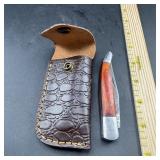 3 in. Damascus Folding Knife with Leather Sheath