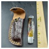 3 in. Damascus Folding Knife with Leather Sheath