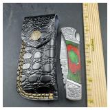 3 In. Damascus Folding Knife With Leather Sheath