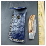 3 In. Damascus Folding Knife With Leather Sheath