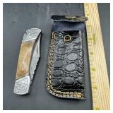 3 in. Damascus Folding Knife with Leather Sheath