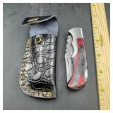3 in. Damascus Folding Knife with Leather Sheath