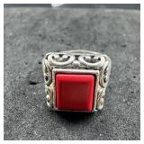 Red Stone Silver-Tone Ring - Size 7 3/4