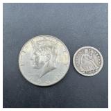 1854 Seated Liberty Dime & 1964 Canada Half Dollar