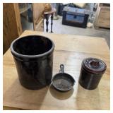 Antique 2-Quart Crock, Smaller Crock & Cast Iron A
