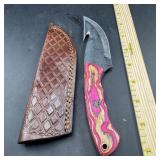 8 in. Damascus Hunting Knife with Leather Sheath