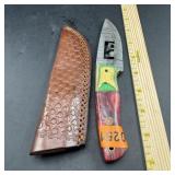 8 in. Damascus Hunting Knife with Leather Sheath