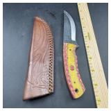 8 in. Damascus Hunting Knife with Leather Sheath