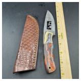 8 in. Damascus Hunting Knife with Leather Sheath