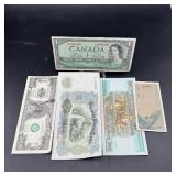 Canadian $1 Bill & Assorted Foreign Currency