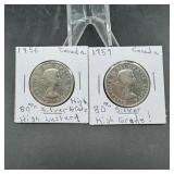 1956 & 1959 Canadian Silver Half Dollars