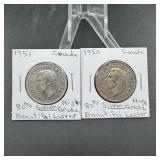 1950 & 1951 Canadian Silver Half Dollars