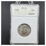 1936 Washington Silver Quarter - Soap Box - Graded
