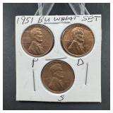 1951 Lincoln Wheat Cent P-D-S Set - BU